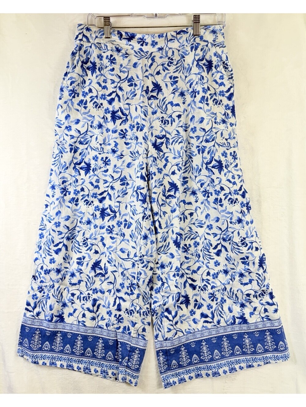 Joie Linen Wide Leg Pants Medium Crop Blue Floral Pull On Womens